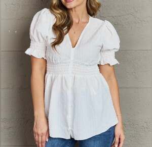 Culture Code White Smocked Waist V-Neck Peplum Top with Puff Sleeves